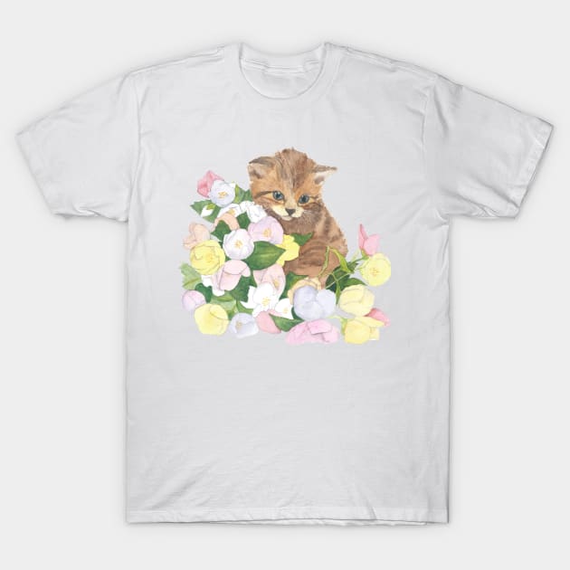 Cat with flowers T-Shirt by Sharon Rose Art